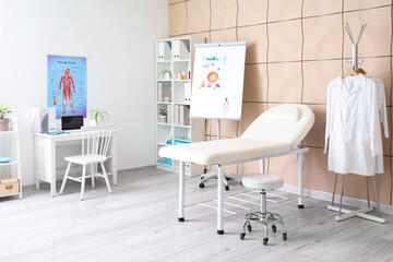 Interior of medical office with couch, flipchart and doctor's workplace