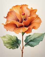 Beautifully Illustrated Orange Tropical Hibiscus Flower. Isolated.