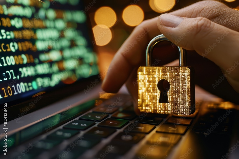 Poster hand placing a golden lock on a keyboard, symbolizing digital security and data protection with a fo