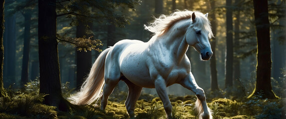Majestic white horse in magical forest light