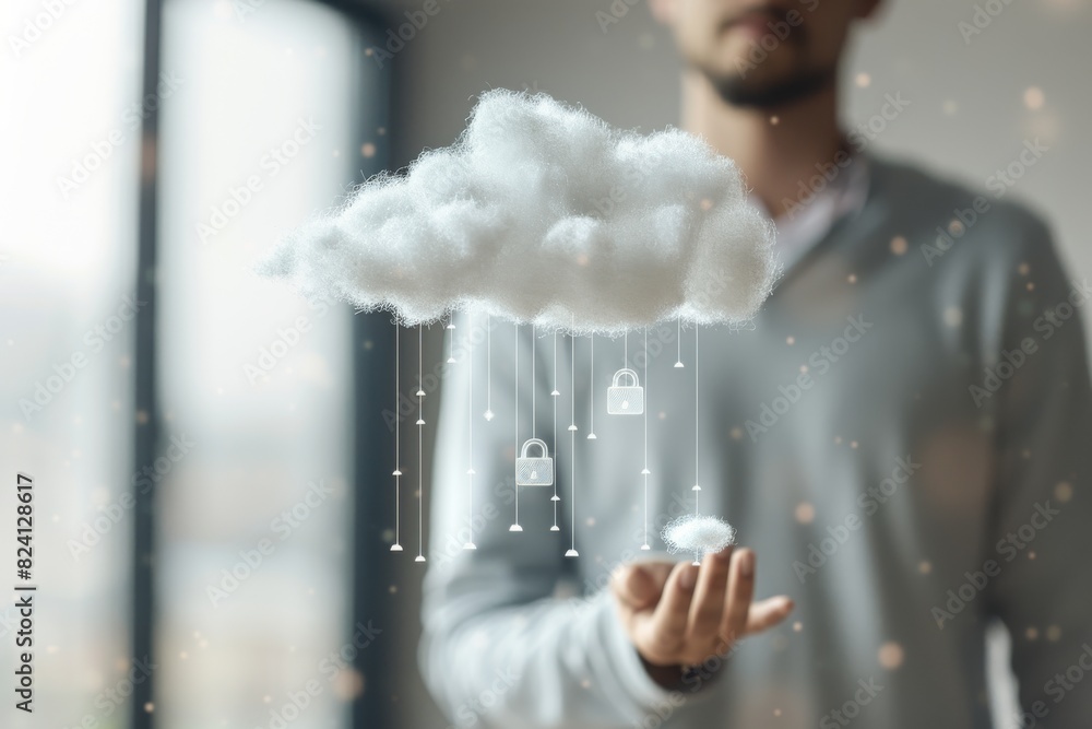 Poster man holding a holographic cloud lock, emphasizing digital security and data protection in a futurist