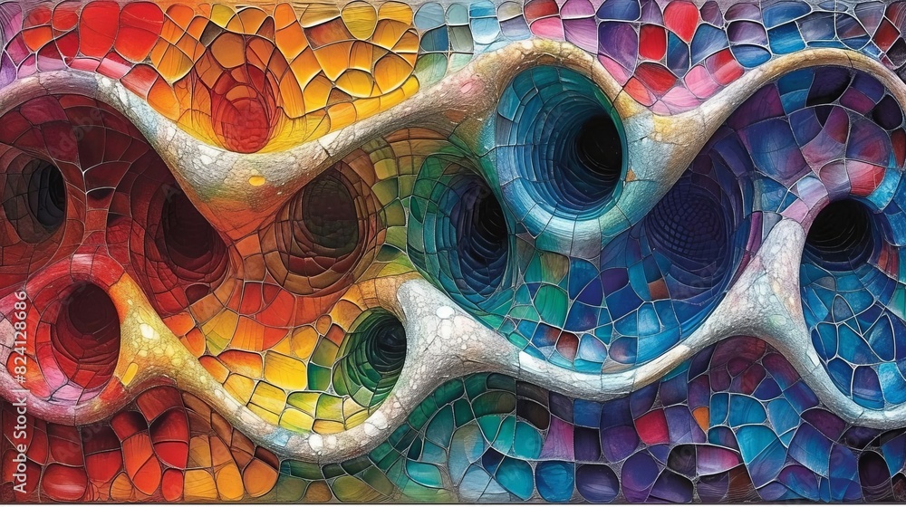 Poster vibrant abstract glass mosaic with flowing interconnected shapes in a spectrum of colors