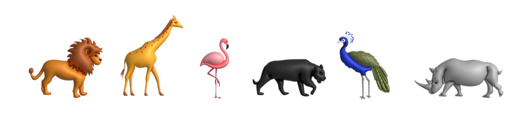 Pack of 6 wild animals in 3d cartoon style, set on a transparent background. Lion, flamingo,...