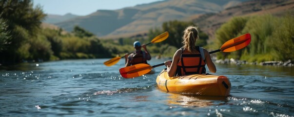 Friends enjoying kayaking down river