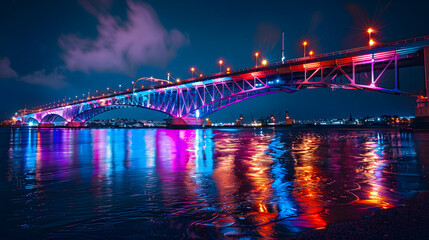The Auckland Harbour Bridge, Auckland, New Zealand, seen at night. It is colorfully lit up to celebrate Matariki, the Maori New Year
