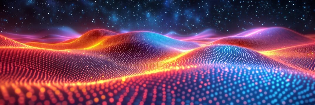 mountains and stars, creating a captivating abstract pattern with rainbow dots in a colorful moebius