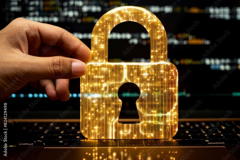 Aufkleber holding a golden secure lock symbol, representing advanced data protection and online security in a 
