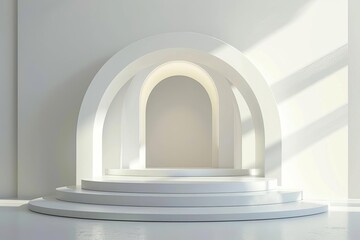 futuristic 3d product display on classic white podium with studio lighting