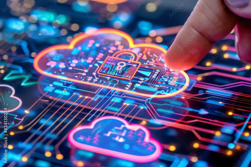 Aufkleber digital finger touch secure cloud with vibrant circuit board design, highlighting data protection an