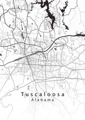 Minimalist white map of Tuscaloosa, Alabama – A modern map print highlighting infrastructure of the city, useful for tourism purposes
