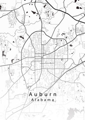 Minimalist white map of Auburn, Alabama – A modern map print highlighting infrastructure of the city, useful for tourism purposes
