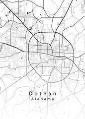 Minimalist white map of Dothan, Alabama – A modern map print highlighting infrastructure of the city, useful for tourism purposes
