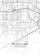 Minimalist white map of Madison, Alabama – A modern map print highlighting infrastructure of the city, useful for tourism purposes
