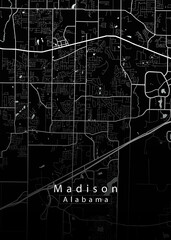 Minimalist black map of MAdison, Alabama – A modern map print highlighting infrastructure of the city, useful for tourism purposes
