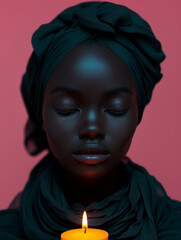 Studio photo with bright background of a young woman from North Africa praying or meditating. Woman is holding a candle with candle light reflected on her face.