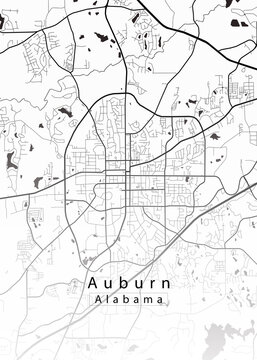 Minimalist white map of Auburn, Alabama &ndash; A modern map print highlighting infrastructure of the city, useful for tourism purposes
