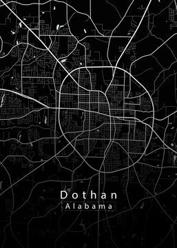 Minimalist black map of Dothan, Alabama &ndash; A modern map print highlighting infrastructure of the city, useful for tourism purposes
