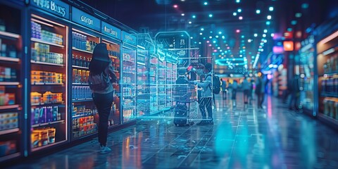 People shopping in a futuristic supermarket with neon lights and digital displays