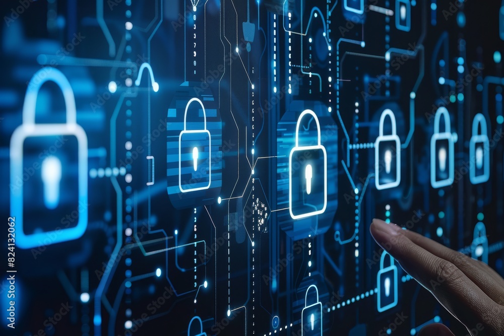 Poster digital hand touching a secure cloud lock icon on a glowing circuit board, representing data protect
