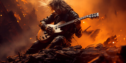 crazy guitarist in a burning environment