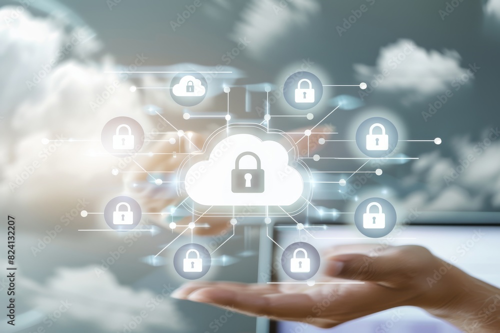 Poster digital hand holding a secure cloud lock hologram, illustrating data protection and advanced network