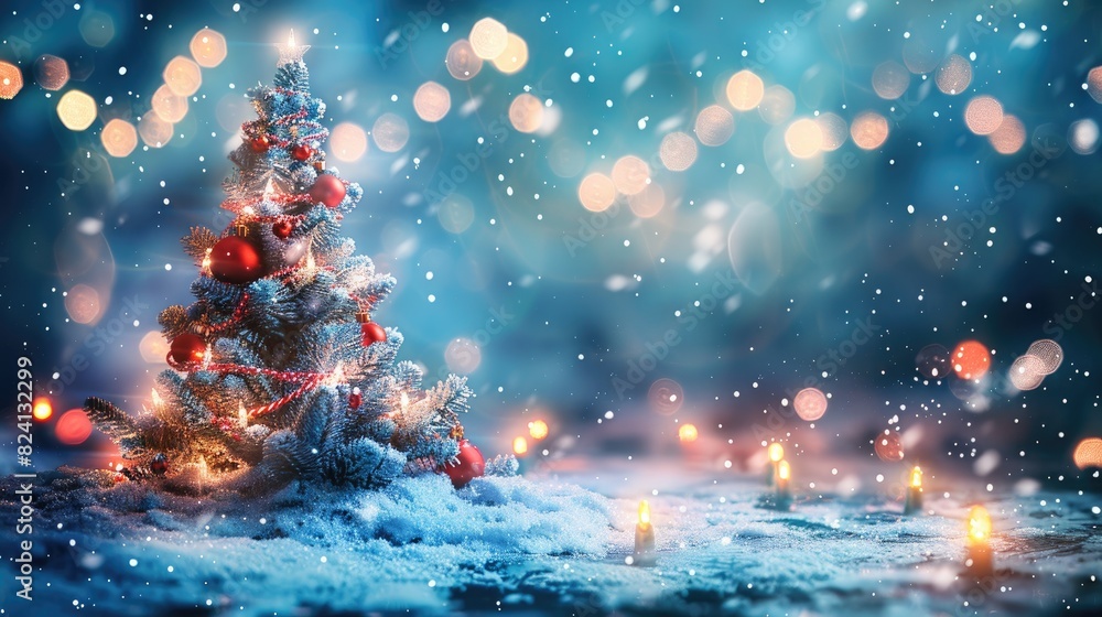 Poster a christmas tree with red and green ornaments is lit up in the snow. the scene is peaceful and seren