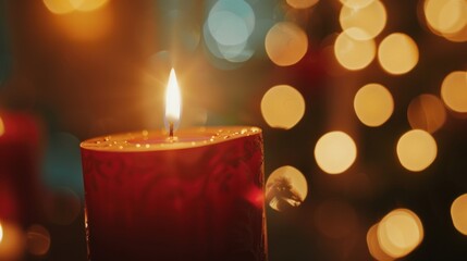 Decoration of Christmas burning candle and light blurred surface