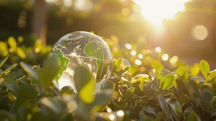 Environment concept, Crystal glass globe planet earth on green leaf,