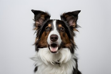 Border Collie with white and brown coat, alert gaze and perked ears