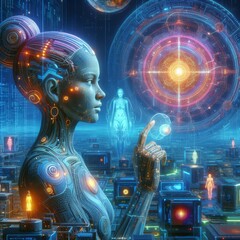 A hyper-realistic cyber woman interacting with a futuristic interface, showcasing advanced technology and digital evolution.