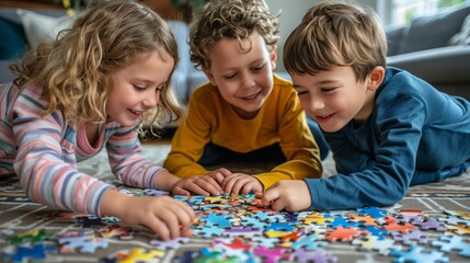 Fototapeta premium Three children working together on a puzzle on the floor