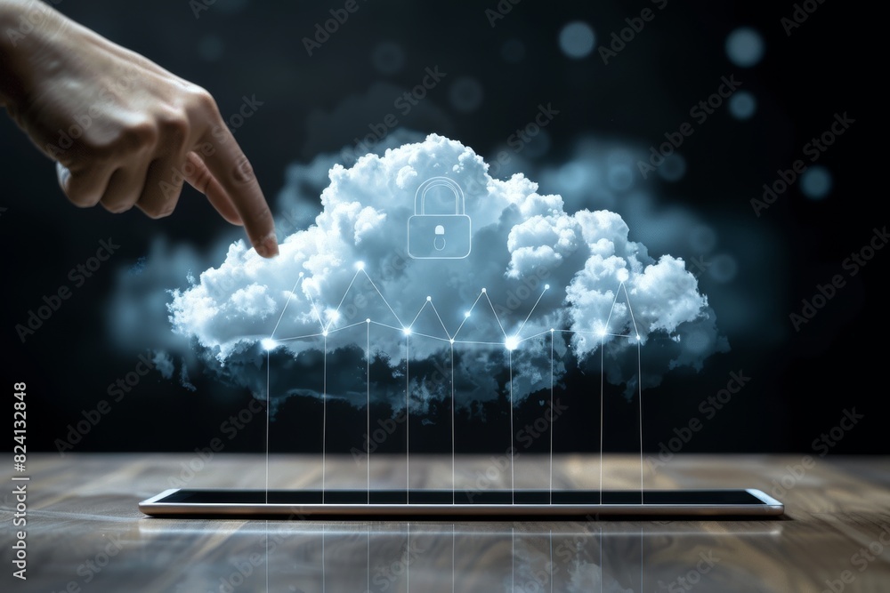 Poster hand pointing at a secure cloud lock hologram, illustrating digital data protection and advanced cyb