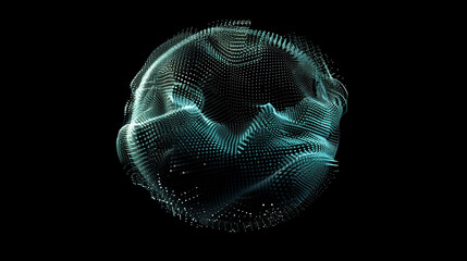 Looped distortion waves on abstract sphere of particles. Digital data splash of spherical point array. Futuristic glitch UI element.	