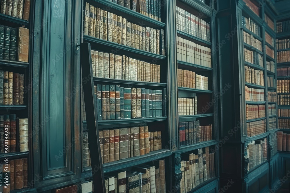Poster a library with many bookshelves and a ladder. the books are of various sizes and colors