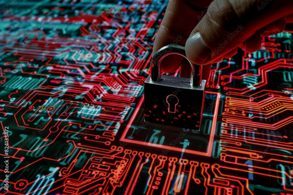 Poster finger placing a secure lock on a circuit board, representing data protection and advanced cybersecu