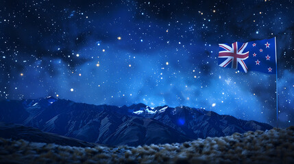 A star cluster called the Pleiades which contains the Matariki star with mountains at night and the New Zealand flag with bold text to commemorate Matariki on July 14 in New Zealand