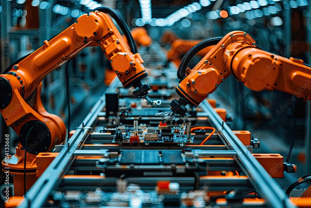 Poster Two robots are working on a piece of machinery. The robots are orange and are working together to assemble the machine. The scene is industrial and the robots are focused on their task