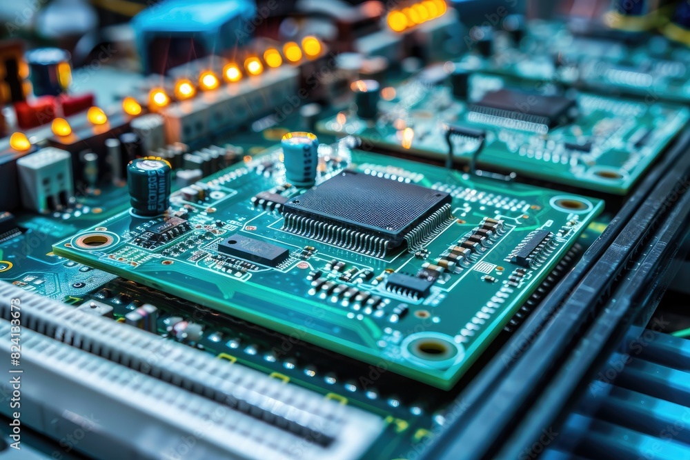 Poster a close up of a computer chip with a lot of small parts. concept of complexity and intricacy, as wel