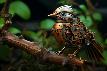 Steampunk Bird on Gear-Themed Branch