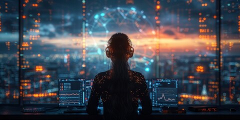 Person wearing headphones working at a futuristic workstation with multiple screens, overlooking a cityscape at sunset, surrounded by digital interfaces and glowing data points
