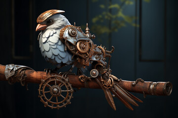Steampunk Bird on Gear-themed Branch