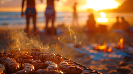 Foreground Focus: The central focus of the image is a barbecue grill. It’s sizzling with various meats, including sausages and burgers