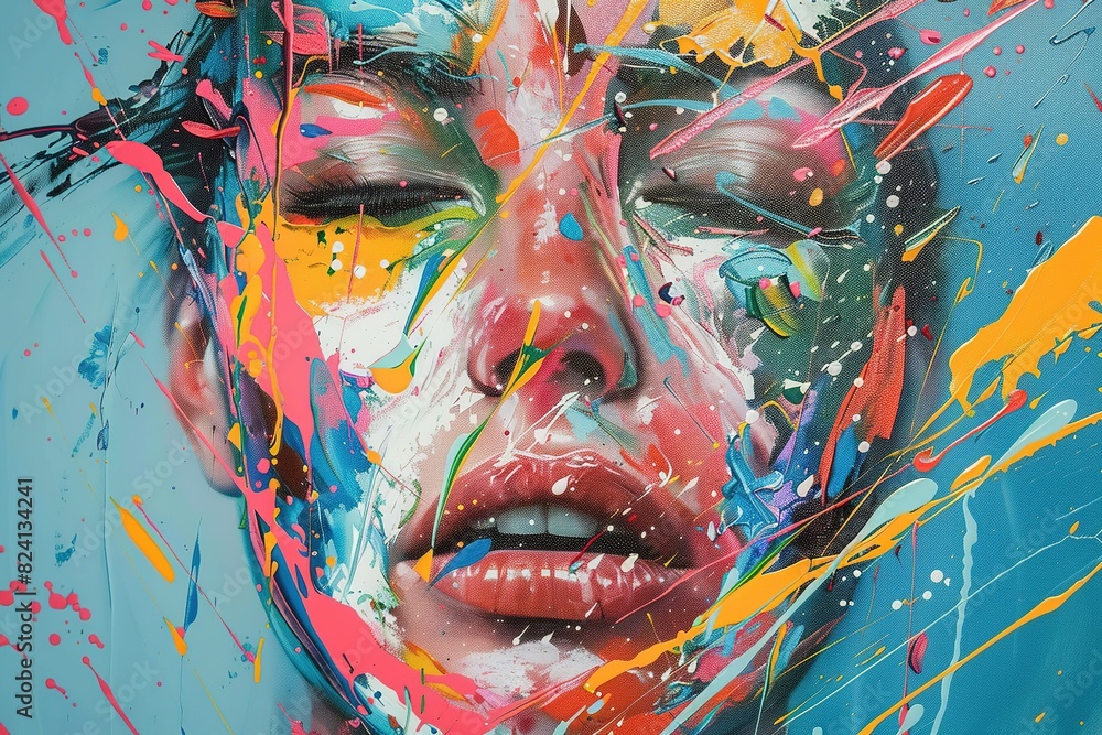 Poster a portrait with a burst of colorful paint splatters obscuring the facial features