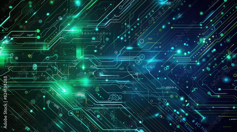 Poster a computer chip with many green lines and dots