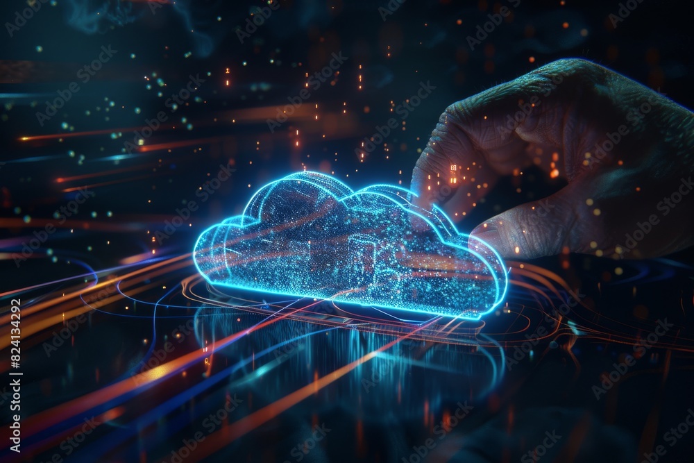 Aufkleber digital hand touching holographic secure cloud, representing advanced data protection and futuristic