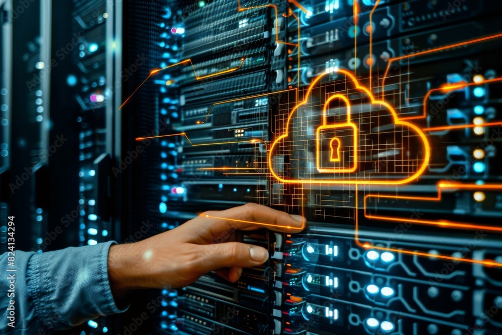 Poster hand interacting with secure cloud lock in a data center, highlighting advanced network protection a