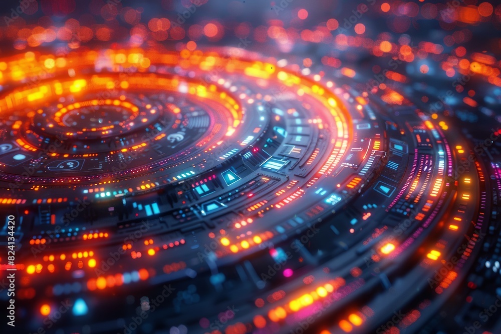 Poster abstract futuristic circular interface with glowing orange and blue lights, featuring intricate digi