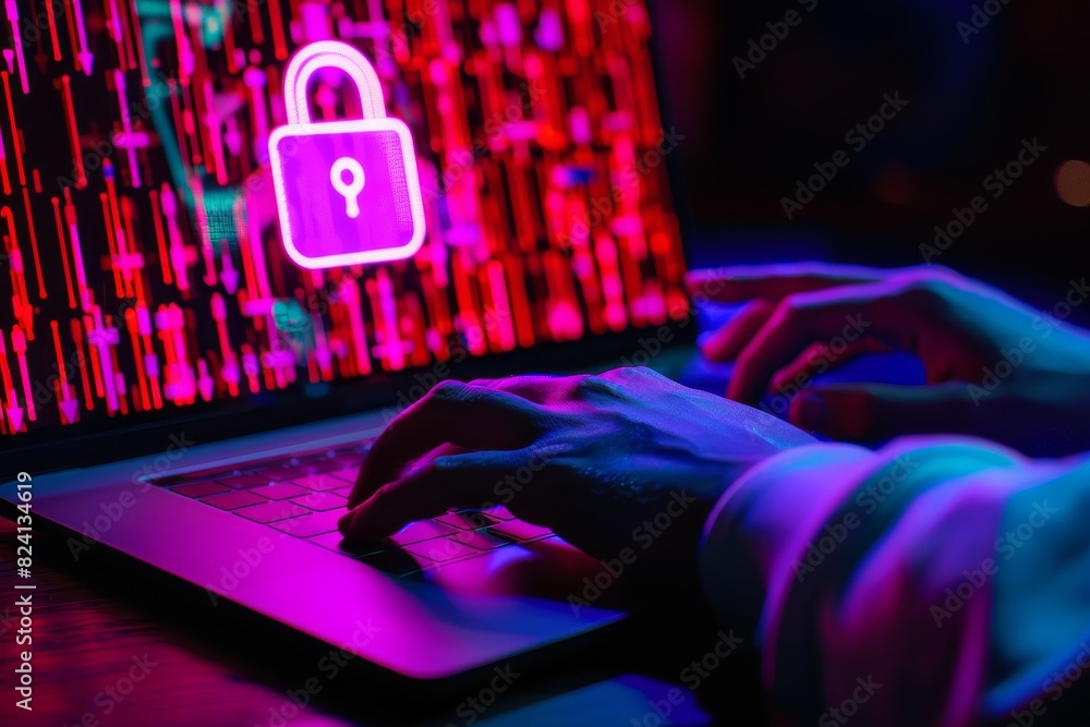 Poster typing on a laptop with a secure lock icon, representing advanced cybersecurity measures and online 