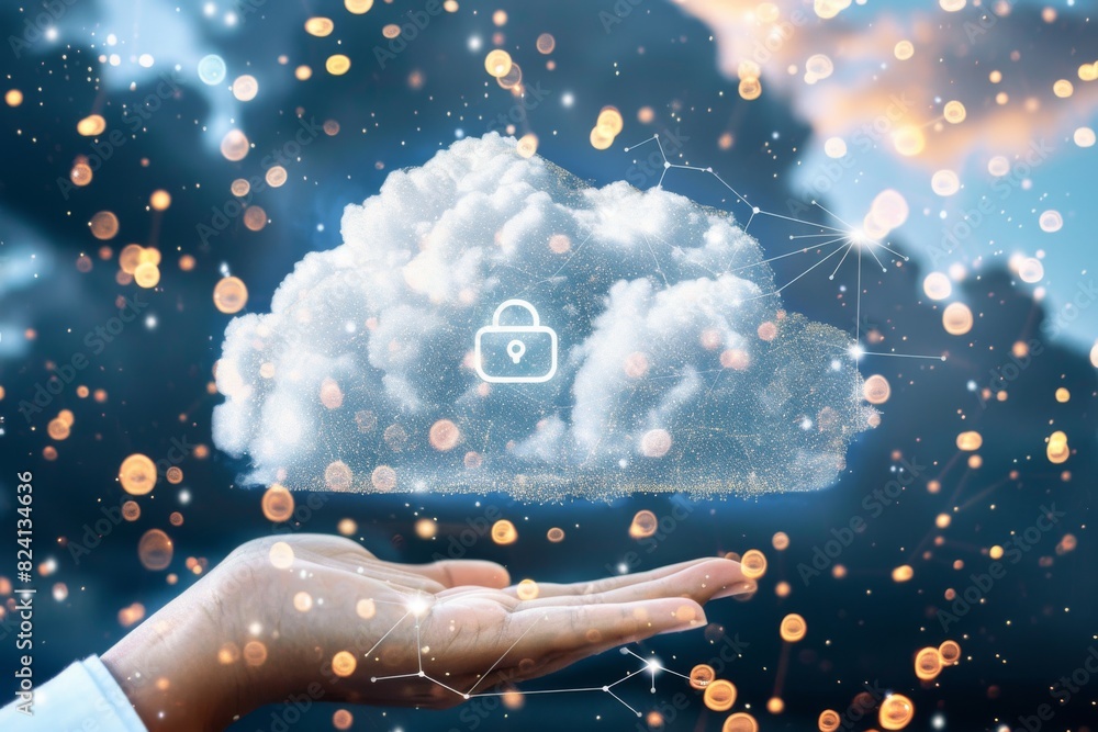 Poster hand holding a cloud with secure lock hologram, symbolizing digital data protection and network secu