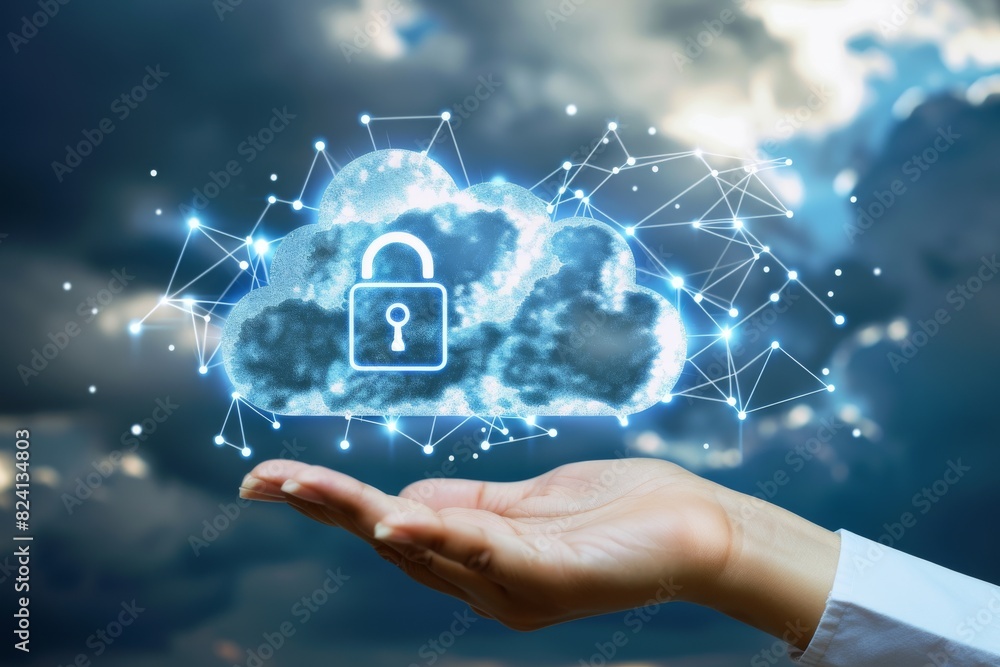Aufkleber hand presenting a cloud with secure lock icon, symbolizing online data protection and digital securi